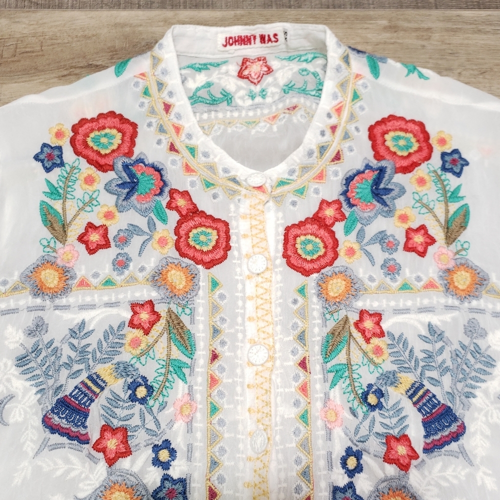 Johnny Was White Sheer XS Tunic Floral Embroidery